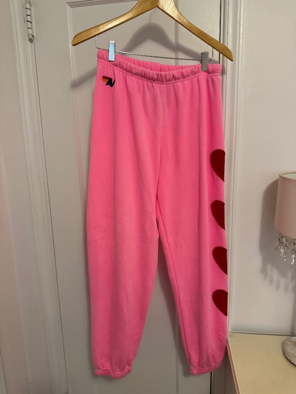 Aviator Nation Neon Pink Heart Stitch 4 Sweatpants Size L